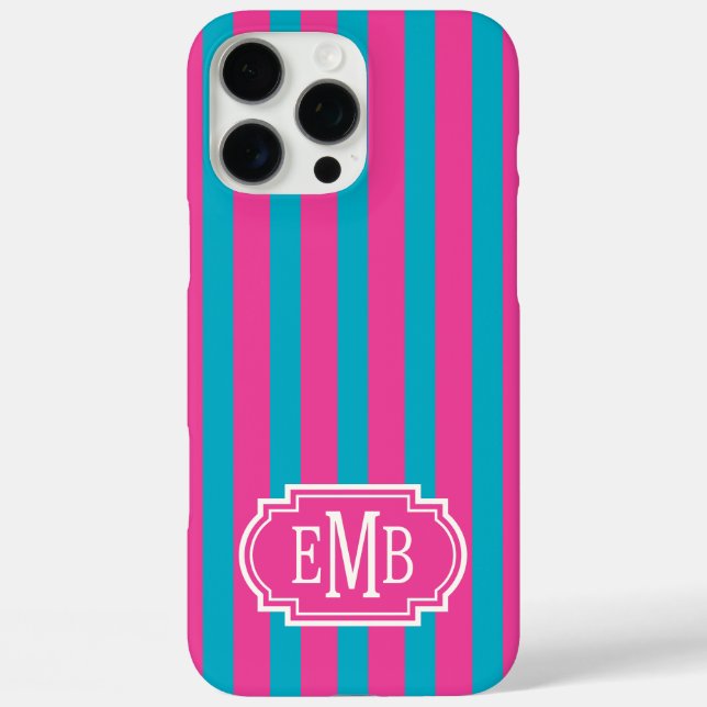 Coques Case-Mate iPhone Roses Chauds et Rayures Monogrammées Turquoise (Verso)