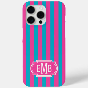 Coque Case-Mate iPhone Roses Chauds et Rayures Monogrammées Turquoise