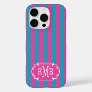 Coque iPhone 16 Pro Roses Chauds et Rayures Monogrammées Turquoise