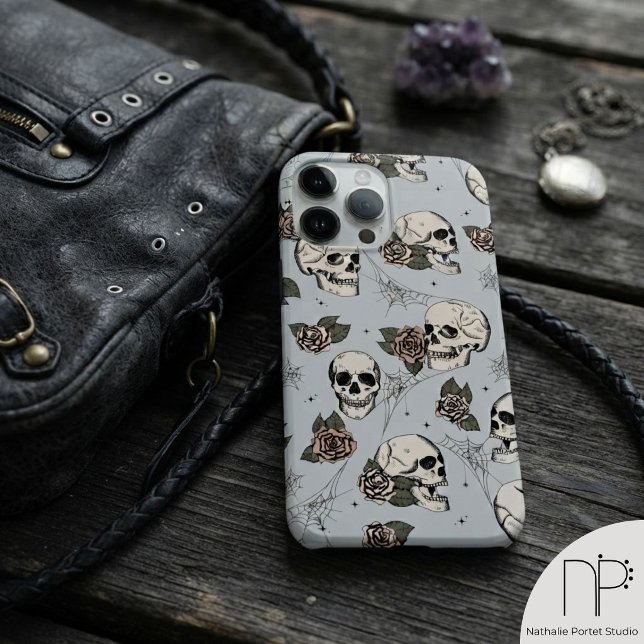 Coques Case-Mate iPhone Roses Crânes Gris Vintage (vintage gray skulls roses case-mate iphone 14 pro max case with hand-drawn ink art for gothic style )