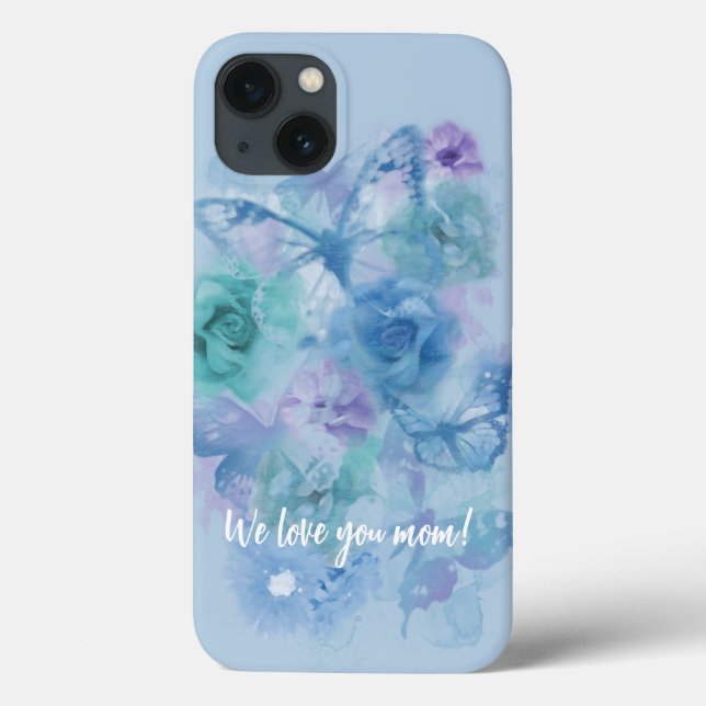 Coques Case-Mate iPhone Roses d'aquarelle bleu et papillons (Verso)