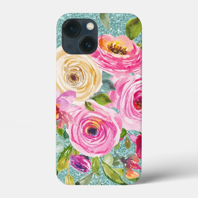 Coques Case-Mate iPhone Roses d'aquarelle en Parties scintillant Aqua Crèm (Verso)