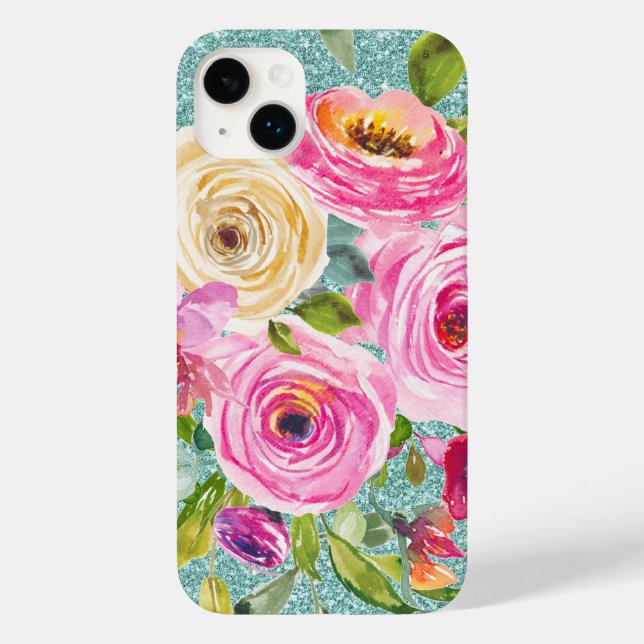 Coques Case-Mate iPhone Roses d'aquarelle en Parties scintillant Aqua Crèm (Verso)