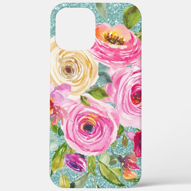 Coques Case-Mate iPhone Roses d'aquarelle en Parties scintillant Aqua Crèm (Verso)