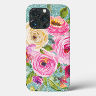 Case-Mate iPhone Case Roses d'aquarelle en Parties scintillant Aqua Crèm