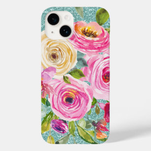 Coque Case-Mate iPhone Roses d'aquarelle en Parties scintillant Aqua Crèm