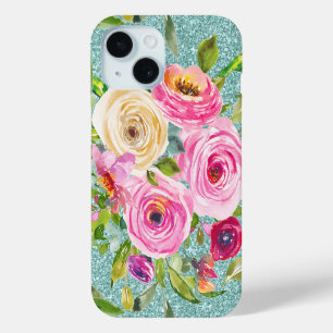 Coque Case-Mate iPhone Roses d'aquarelle en Parties scintillant Aqua Crèm