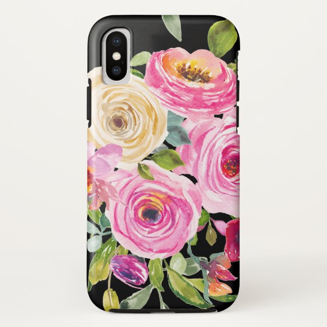 Coques Case-Mate iPhone Roses d'aquarelle en rose et crème sur noir (Dos)