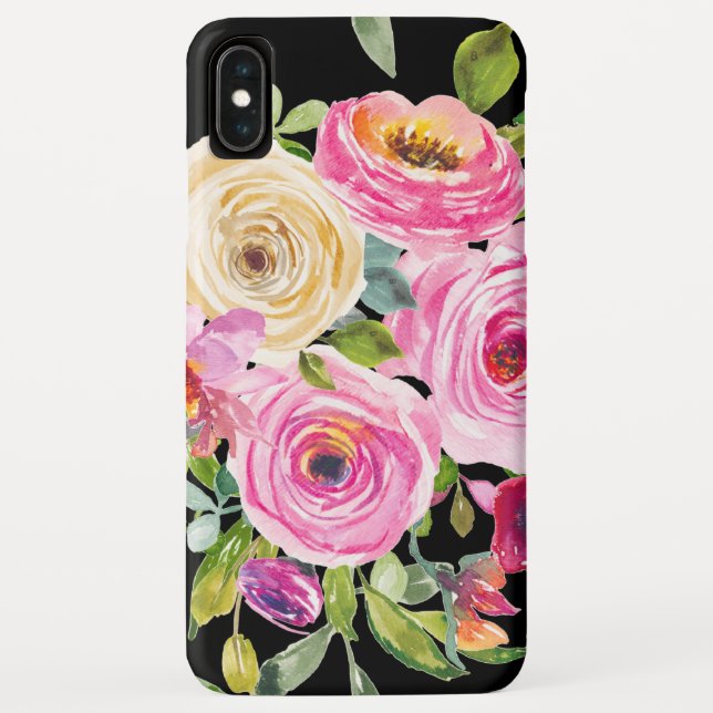 Coques Case-Mate iPhone Roses d'aquarelle en rose et crème sur noir (Dos)