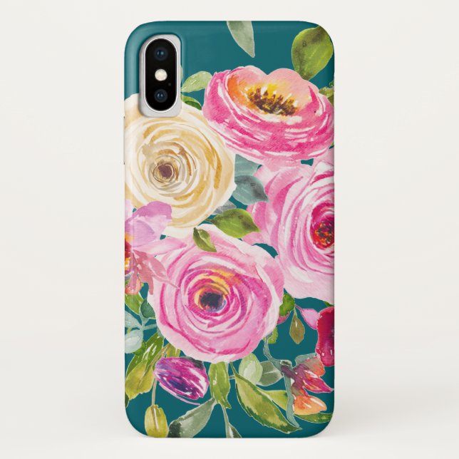 Coques Case-Mate iPhone Roses d'aquarelle en rose et crème sur Turquoise (Dos)