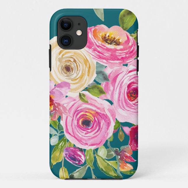 Coques Case-Mate iPhone Roses d'aquarelle en rose et crème sur Turquoise (Dos)