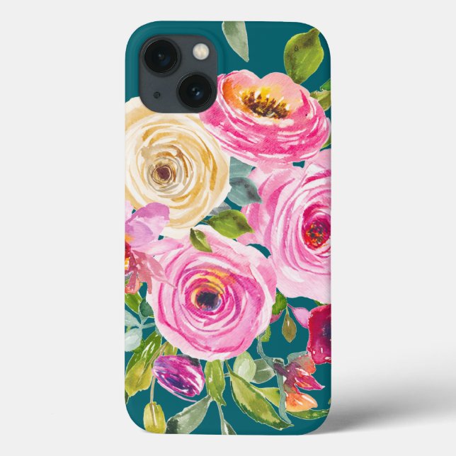 Coques Case-Mate iPhone Roses d'aquarelle en rose et crème sur Turquoise (Verso)