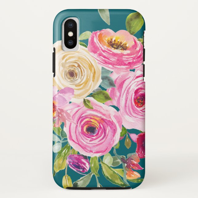 Coques Case-Mate iPhone Roses d'aquarelle en rose et crème sur Turquoise (Dos)