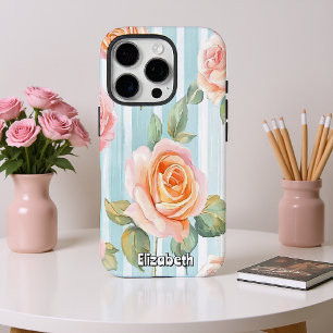 Coque iPhone 16 Pro Roses d'aquarelle et rayures
