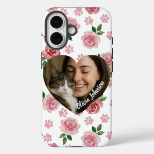 Coque Pour iPhone 16 Roses et empreintes de pattes aquarelles avec phot