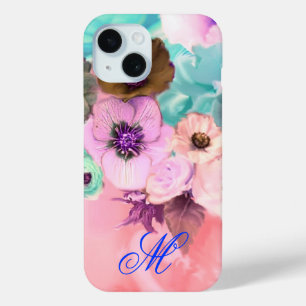 COQUE Case-Mate iPhone ROSES ET FLEURS ANÉMONE TEAL PINK MONOGRAMME