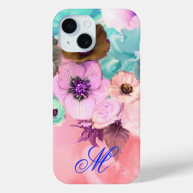 COQUES Case-Mate iPhone ROSES ET FLEURS ANÉMONE TEAL PINK MONOGRAMME (Verso)