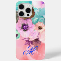 ROSES ET FLEURS D'ANÉMONE TEAL PINK MONOGRAMME