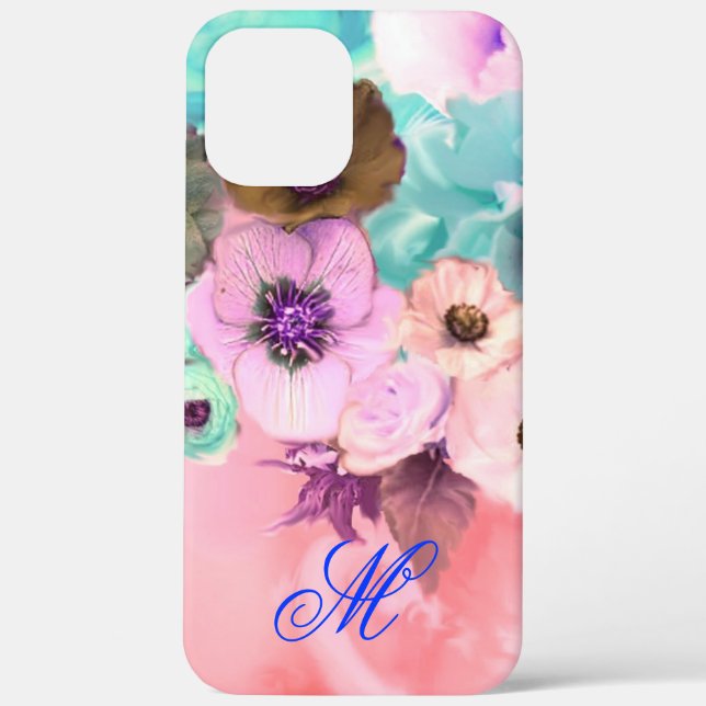 COQUES Case-Mate iPhone ROSES ET FLEURS D'ANÉMONE TEAL PINK MONOGRAMME (Verso)