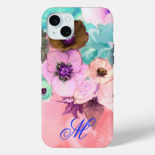 COQUE Case-Mate iPhone ROSES ET FLEURS D'ANÉMONE TEAL PINK MONOGRAMME