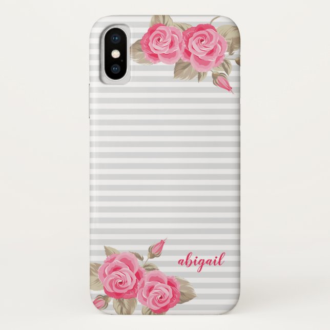 Coques Case-Mate iPhone Roses et monogrammes rose et blanc élégants (Dos)