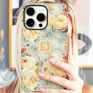 Coque iPhone 16 Pro Max Roses Jaunes Élégantes Monogramme Floral