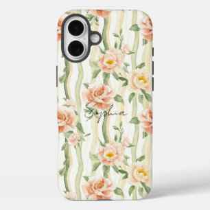 Coque Pour iPhone 16 Plus Roses Menthe Pêche Rayures Florales