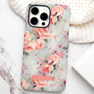 Coque iPhone 16 Pro Max Roses Pêches Nom Personnalisé Floral