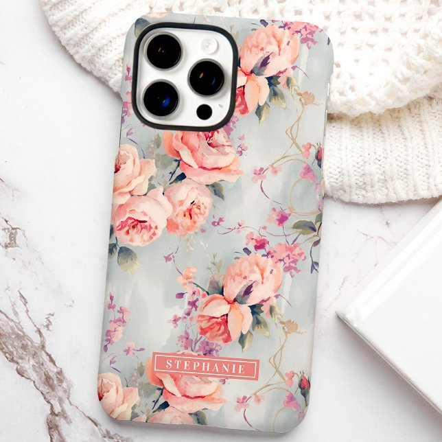 Coques Case-Mate iPhone Roses Pêches Nom Personnalisé Floral (Créateur téléchargé)