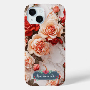 Coque Case-Mate iPhone Roses Péches Romantiques sur Marbre Blanc Élégant