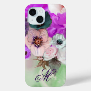COQUE POUR iPhone 15 ROSES ROSE POURPRE ANÉMONE BLANCHE MONOGRAMME