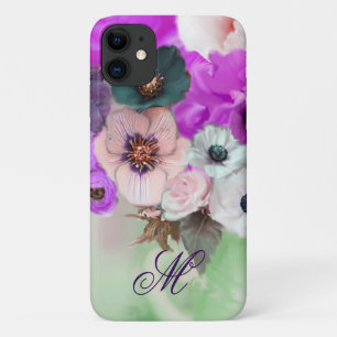 COQUE iPhone 11  ROSES ROSE POURPRE  ANÉMONES BLANCHES MONOGRAMME