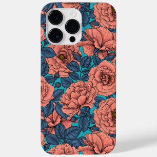 Coque Case-Mate iPhone Roses roses avec feuilles bleus sur bleu