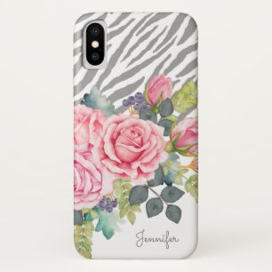 Coque iPhone X Roses roses chics d'impression gris Girly de zèbr