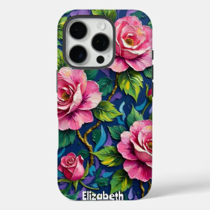 Coque iPhone 16 Pro Roses roses dans un jardin bleu moody