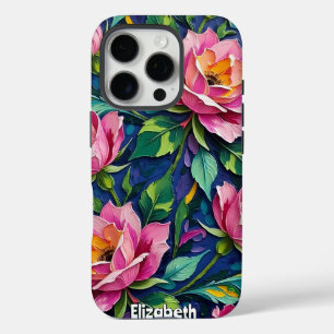 Coque iPhone 16 Pro Roses roses impressionnistes en bleu