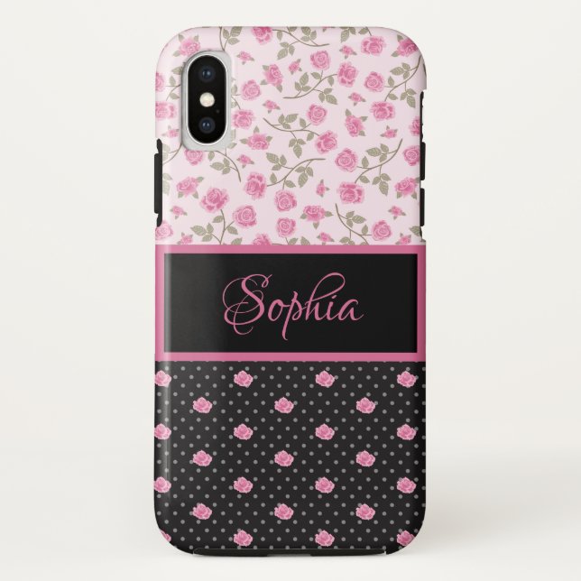 Coques Case-Mate iPhone Roses roses, Pois blancs sur Monogrammed noir (Dos)