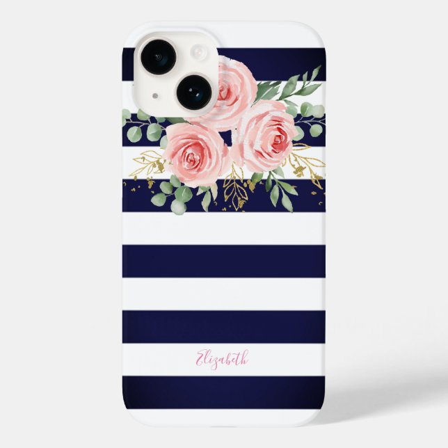 Coques Case-Mate iPhone Roses roses roses roses bleues rayées (Verso)