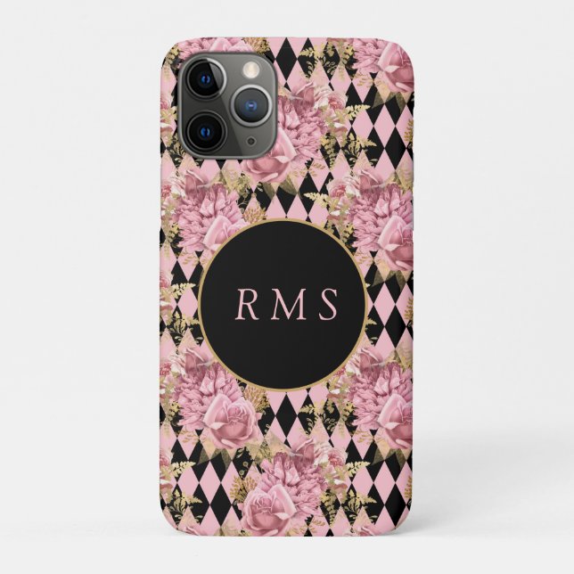 Coques Case-Mate iPhone Roses roses sur le Monogramme arlequin (Dos)