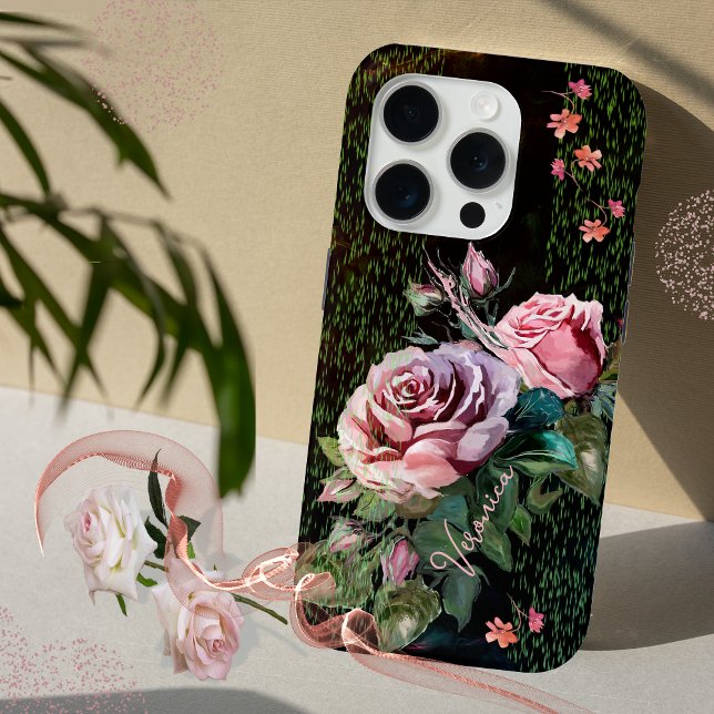 Coques Case-Mate iPhone Roses roses sur noir (Pink Roses on black Case-Mate iPhone Case)