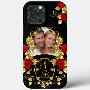 Case-Mate iPhone Case Roses Rouges Élégantes Monogramme Photo Noir Or