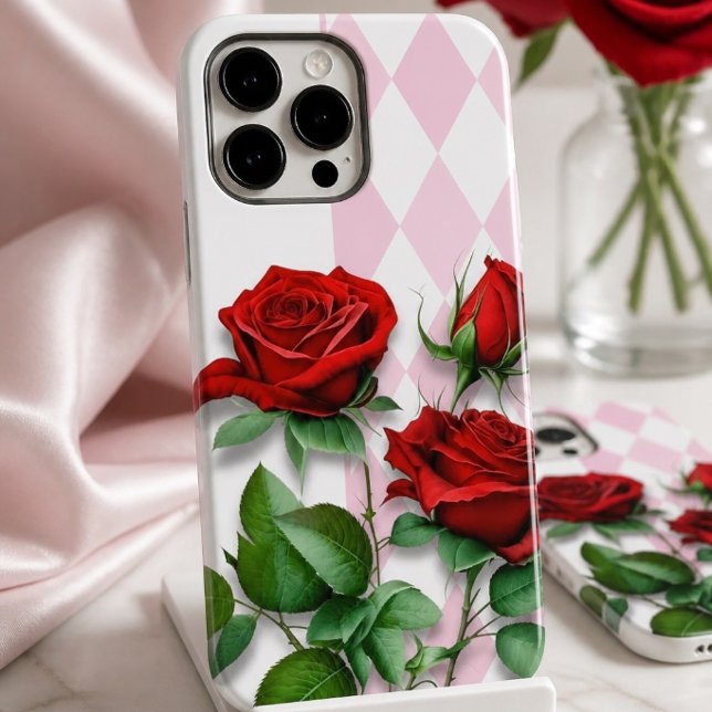 Coques Case-Mate iPhone Roses rouges et motif diamant rose et blanc (Créateur téléchargé)
