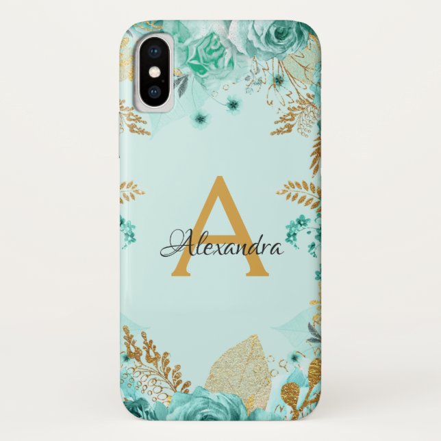 Coques Case-Mate iPhone Roses Turquoises floraux et monogramme d'huile d'o (Dos)