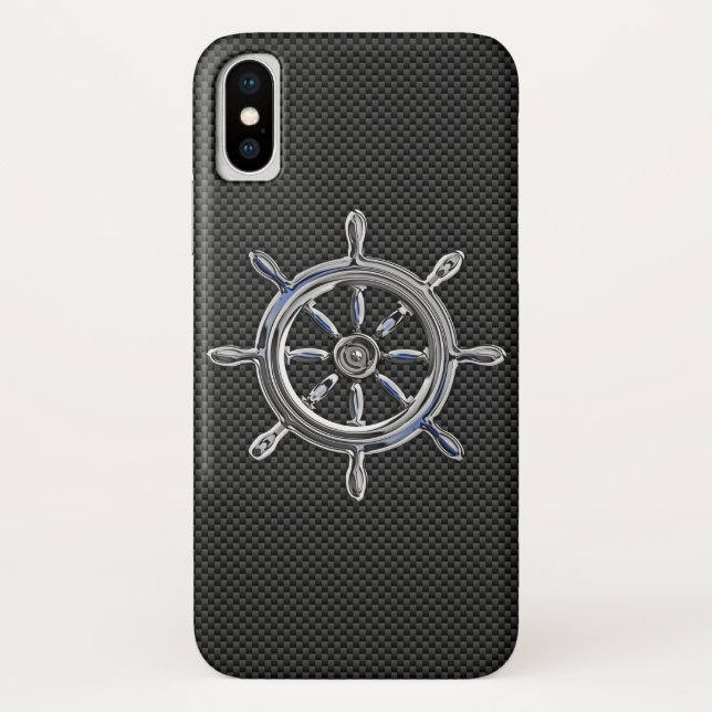 Coques Case-Mate iPhone Roue marine en argent sur fibre de carbone noire (Dos)