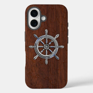 Coque Pour iPhone 16 Roue nautique chromée sur impression acajou mouill