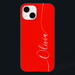 Coque Case-Mate iPhone Rouge blanc élégant Nom du script de calligraphie<br><div class="desc">Red White Elegant Calligraphy Script Personnalisé Nom iPhone 14 Smart Phone Boîtes dispose d'un design moderne et tendance simple et élégant avec votre nom personnalisé dans élégante calligraphie manuscrite typographie de script sur un arrière - plan rouge. Conçu par ©Evco Studio www.zazzle.com/store/evcostudio</div>