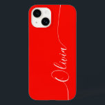 Coque Case-Mate iPhone Rouge blanc élégant Nom du script de calligraphie<br><div class="desc">Red White Elegant Calligraphy Script Personnalisé Nom iPhone 14 Smart Phone Boîtes dispose d'un design moderne et tendance simple et élégant avec votre nom personnalisé dans élégante calligraphie manuscrite typographie de script sur un arrière - plan rouge. Conçu par ©Evco Studio www.zazzle.com/store/evcostudio</div>