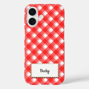 Coque Pour iPhone 16 Rouge Blanc Gingham à Carreaux Personnalisé
