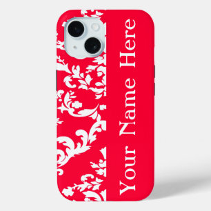 Coque Pour iPhone 15 Rouge Bold Damask avec nom @ Emporiomoffa
