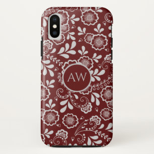 Case-Mate iPhone Case Rouge Cerise Argenté Monogramme Floral en Dentelle